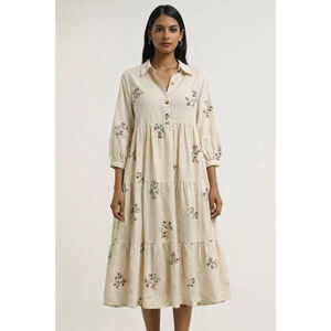 Boho Women Midi Tiered Cotton Dress with Floral Print Size M